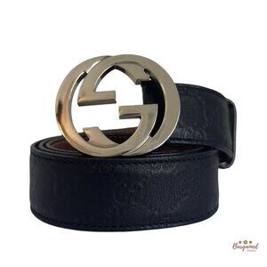 Auth Gucci Black Guccissima Leather Silver Interlocking G Buckle Belt 85/34